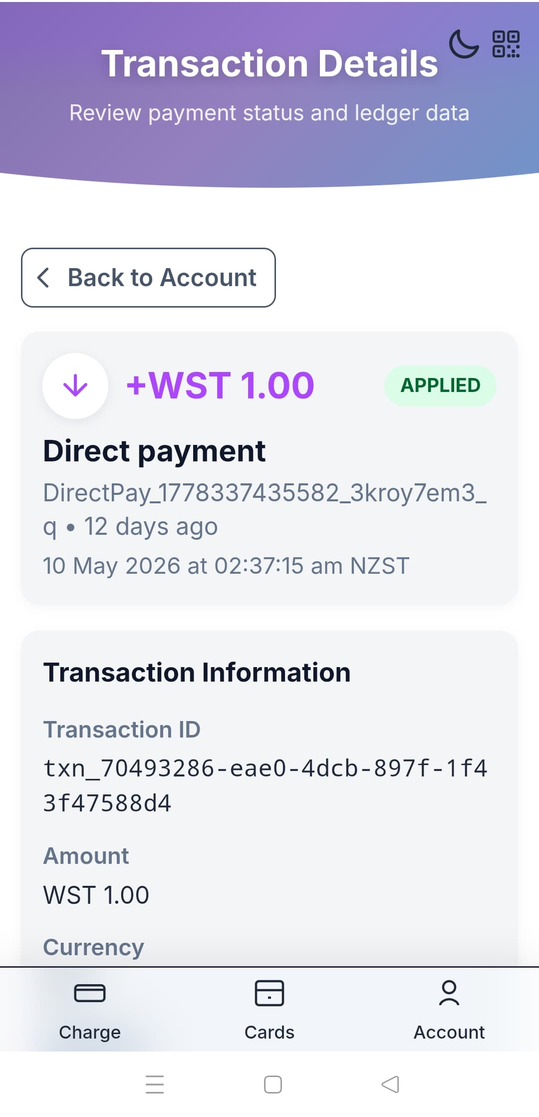 PacWallex wallet — transaction details